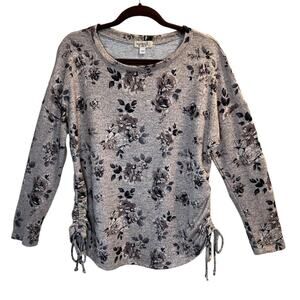 One World Women's Size L Grey Muted Floral Top Side Gathers Long Sleeve Stretch